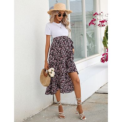 Women's Maternity Flowy Ruffle Hem Elastic Waist Midi Skirt