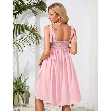 Women's Square Neck Maternity Tie-Strap Babydoll Dress with Embroidered Smocked Bodice