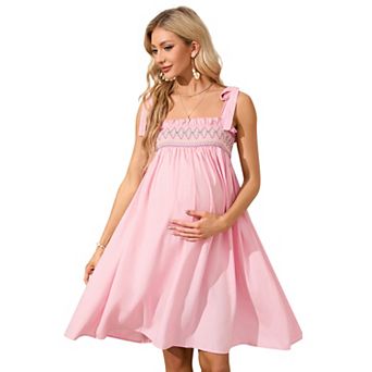 Women's Square Neck Maternity Tie-Strap Babydoll Dress with Embroidered Smocked Bodice