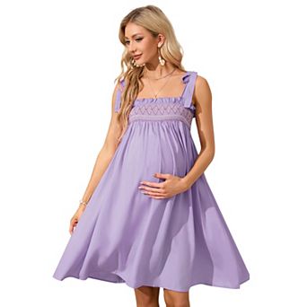 Women's Square Neck Maternity Tie-Strap Babydoll Dress with Embroidered Smocked Bodice