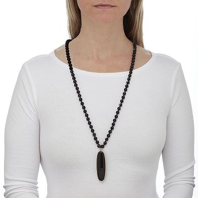 Genuine Black Agate Goldtone Bezel Set Oval Cabochon Beaded Necklace 34 Inch