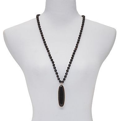 Genuine Black Agate Goldtone Bezel Set Oval Cabochon Beaded Necklace 34 Inch
