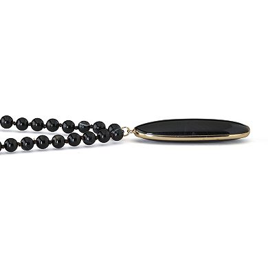 Genuine Black Agate Goldtone Bezel Set Oval Cabochon Beaded Necklace 34 Inch