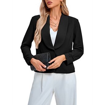 Womens Blazer Crop Lapel Pocketed Button 3/4 Sleeves Work Office Casual Jacket Suit