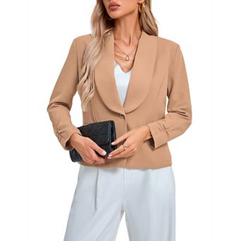 Womens Blazer Crop Lapel Pocketed Button 3/4 Sleeves Work Office Casual Jacket Suit