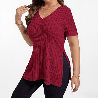 Women Casual Top V Neck Short Sleeve Solid Color Blouse Lightweight Summer Shirt