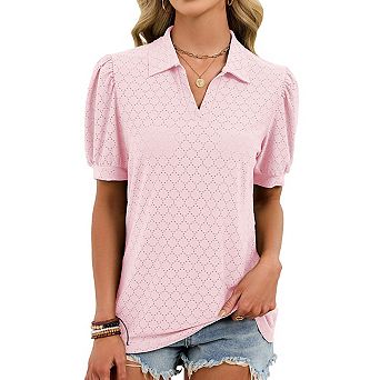 Women's Puff Sleeves Loose Fit Polo Shirt Top Short Sleeve Summer V-Neck T-Shirt