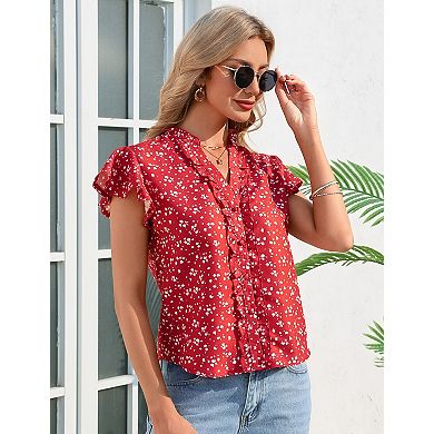 Women's Short Sleeve V-Neck Casual Flowy Ruffle Hem Summer Shirt Blouse
