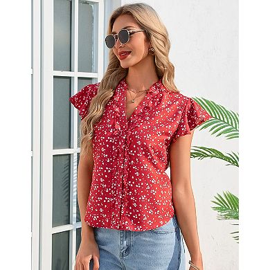 Women's Short Sleeve V-Neck Casual Flowy Ruffle Hem Summer Shirt Blouse