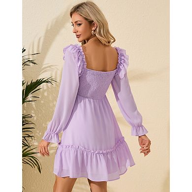 Women's Long Sleeve Mini Dress Square Neck with Smocked Bodice and Ruffle