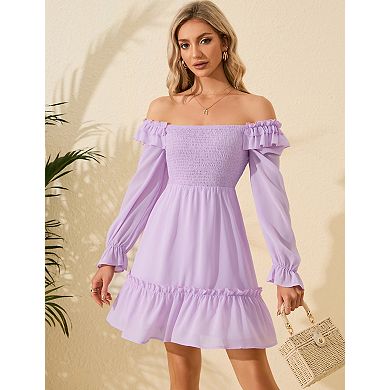 Women's Long Sleeve Mini Dress Square Neck with Smocked Bodice and Ruffle
