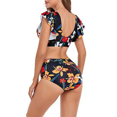 Women Two Piece High Waist with Flounce Ruffles Swimsuit Sets