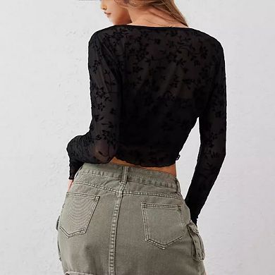 Women's Long Sleeve Tie Front Crop Tops V Neck Flocked Slim Fit Cardigan Tops