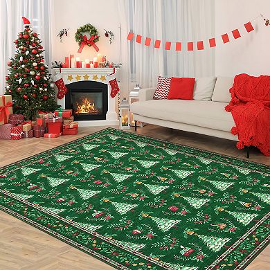 Christmas Area Rug Machine Washable Low Pile Pet Friendly Foldable Floor Cover for Living Room
