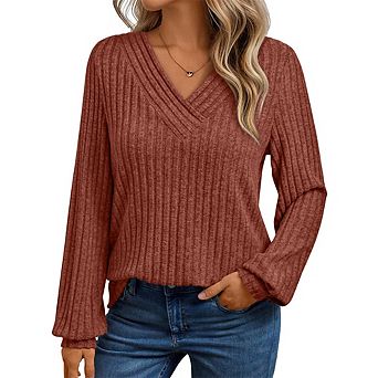 Women Long Sleeve V Neck Sweater Blouse Fall Winter Tunic Dressy Casual Trendy Top