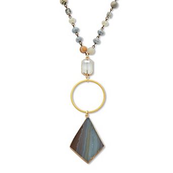 Genuine Brown Agate and Crystal Goldtone Drop Necklace 28-inch