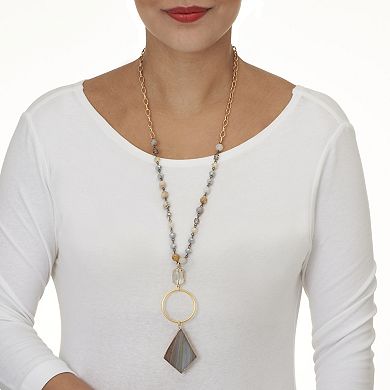 Genuine Brown Agate and Crystal Goldtone Drop Necklace 28-inch