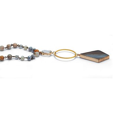 Genuine Brown Agate and Crystal Goldtone Drop Necklace 28-inch