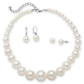 Simulated Pearl SIlvertone Necklace and 2-Pair Earrings Set