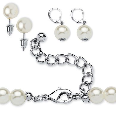 Simulated Pearl SIlvertone Necklace and 2-Pair Earrings Set