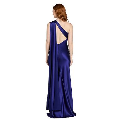 Juniors' Morgan and Co Satin One-Shoulder Scarf Detail Evening Gown