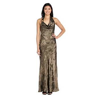 Juniors' Morgan and Co Shimmer Drape Cowl Halter Maxi Dress