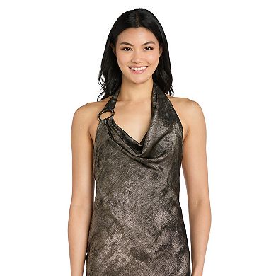 Juniors' Morgan and Co Shimmer Drape Cowl Halter Maxi Dress