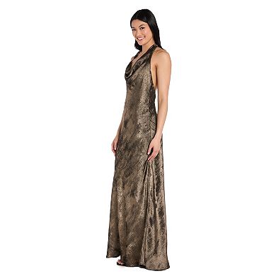 Juniors' Morgan and Co Shimmer Drape Cowl Halter Maxi Dress