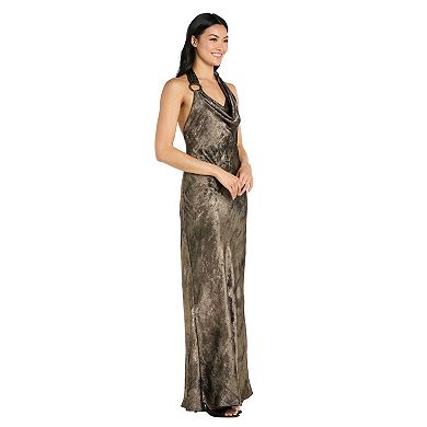Juniors' Morgan and Co Shimmer Drape Cowl Halter Maxi Dress