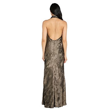 Juniors' Morgan and Co Shimmer Drape Cowl Halter Maxi Dress