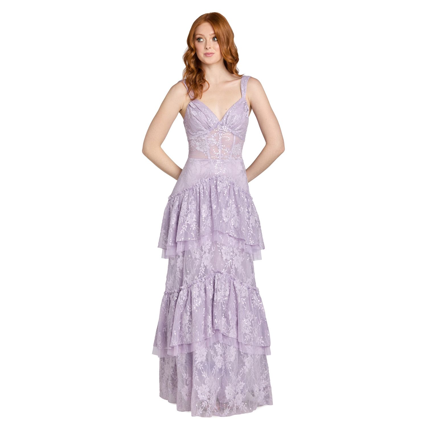 Женские платья Morgan Juniors' Morgan and Co Lace & Sequin Tiered Flounce Evening Gown