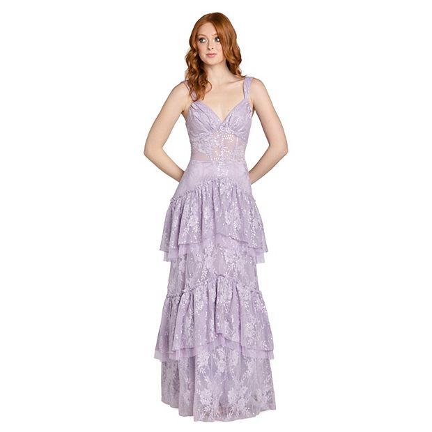 V-Neck Long Sequin Lace Prom Dress by Morgan & Co 19238 - Lavender / 11