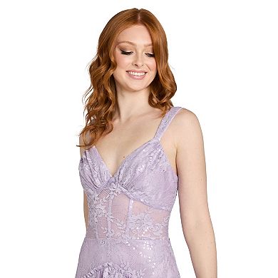 Juniors' Morgan and Co Lace & Sequin Tiered Flounce Evening Gown