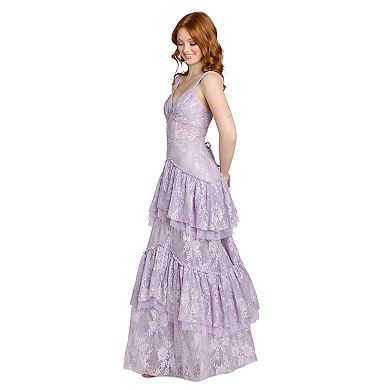 Juniors' Morgan and Co Lace & Sequin Tiered Flounce Evening Gown