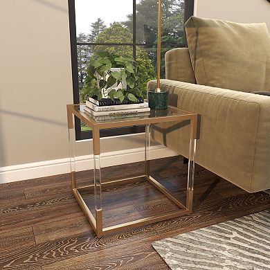 Stella & Eve Metal Cube Accent Table with Clear Glass Top and Acrylic Legs