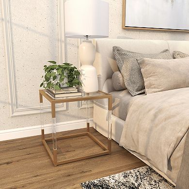 Stella & Eve Metal Cube Accent Table with Clear Glass Top and Acrylic Legs