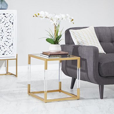 Stella & Eve Metal Cube Accent Table with Clear Glass Top and Acrylic Legs