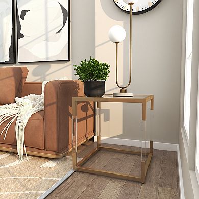 Stella & Eve Metal Cube Accent Table with Clear Glass Top and Acrylic Legs