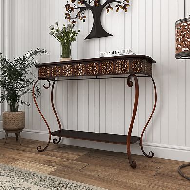 Stella & Eve Metal Embossed Console Table with Ornate Scroll Legs