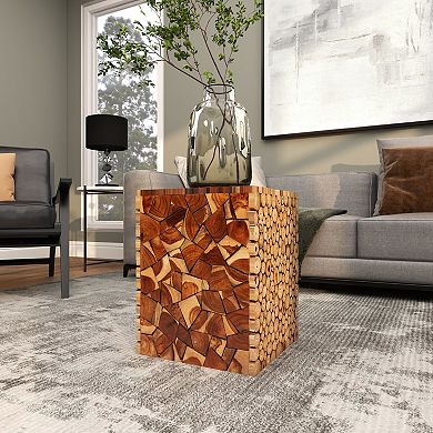 Stella & Eve Teak Wood Handmade Square Block Accent Table with Mosaic Design