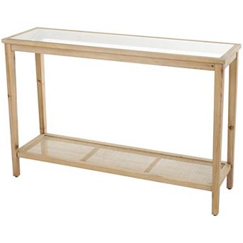 Stella & Eve Wood Slim Console Table with Glass Top & Rattan Shelf