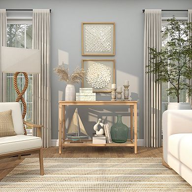 Stella & Eve Wood Slim Console Table with Glass Top & Rattan Shelf