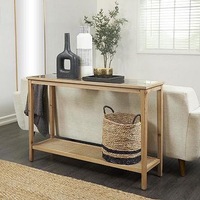 Stella & Eve Wood Slim Console Table with Glass Top & Rattan Shelf
