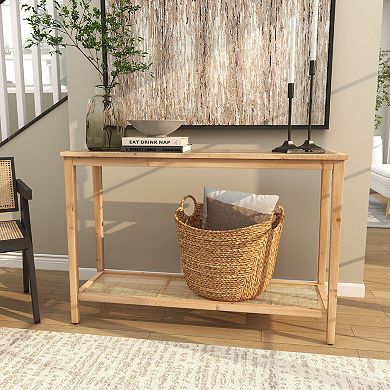 Stella & Eve Wood Slim Console Table with Glass Top & Rattan Shelf