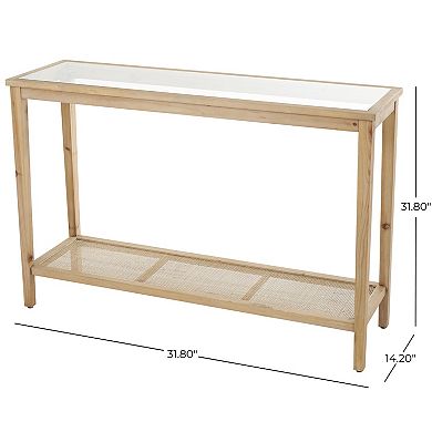 Stella & Eve Wood Slim Console Table with Glass Top & Rattan Shelf
