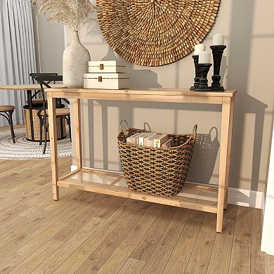 Stella & Eve Wood Slim Console Table with Glass Top & Rattan Shelf