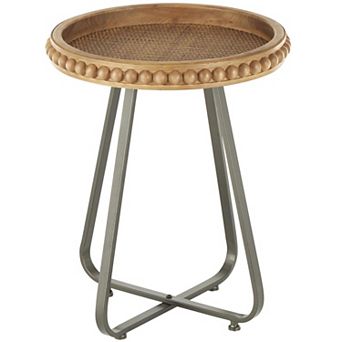 Stella & Eve Wood Beaded Accent Table with Rounded Metal Base and Rattan Top