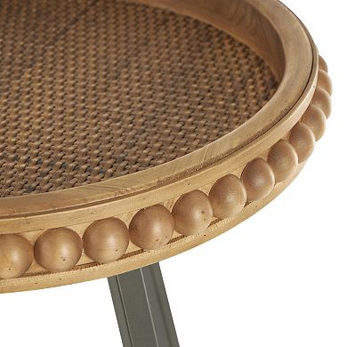 Stella & Eve Wood Beaded Accent Table with Rounded Metal Base and Rattan Top