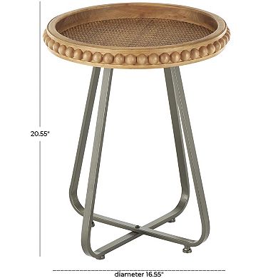 Stella & Eve Wood Beaded Accent Table with Rounded Metal Base and Rattan Top