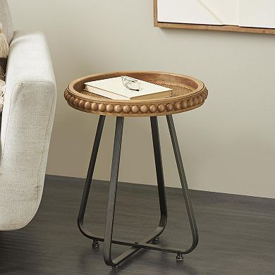 Stella & Eve Wood Beaded Accent Table with Rounded Metal Base and Rattan Top